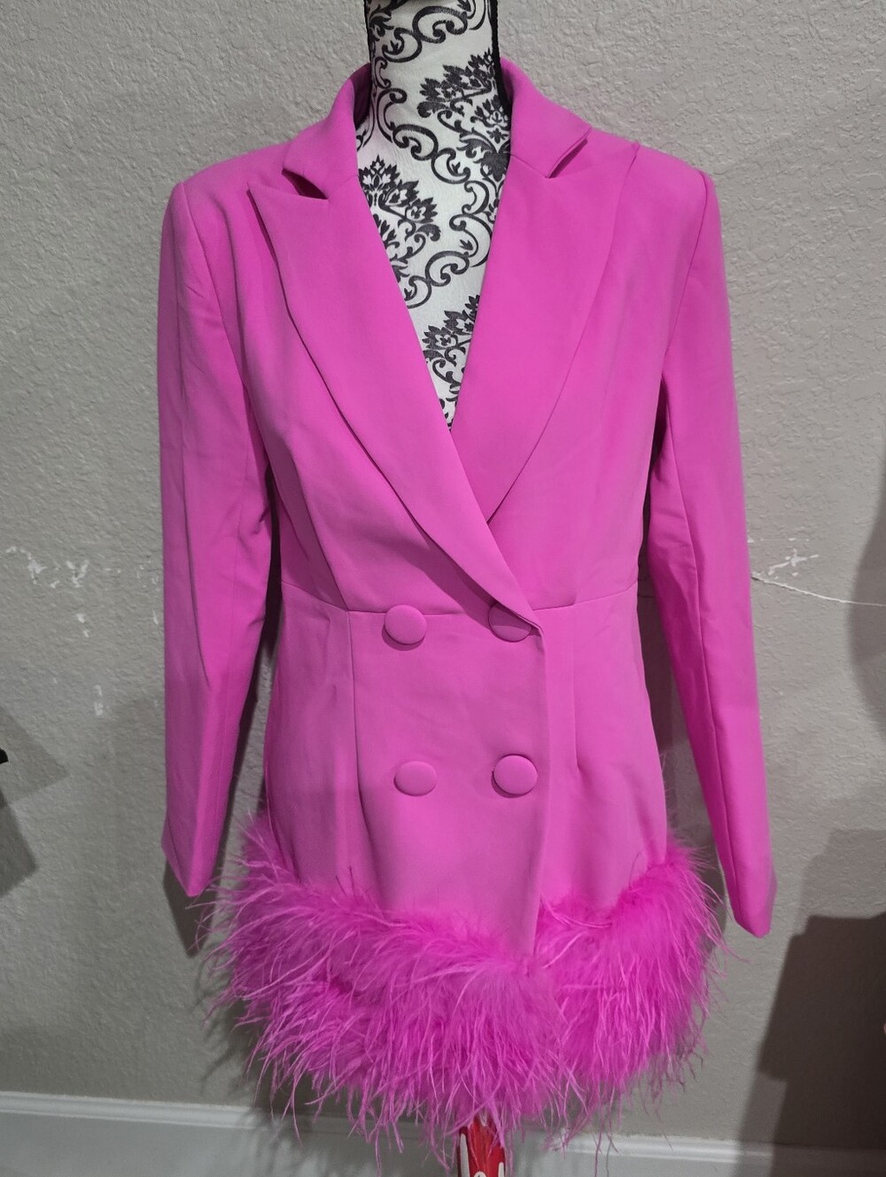 Fashion Nova Neon Pink Feather Trim Double-Breasted Blazer